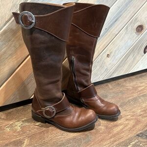 John Fluevog Adrianna Equestrian Double Buckle  Leather Knee-High Riding Boots